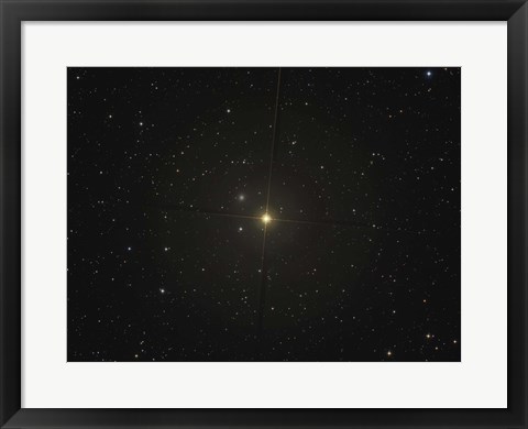 Framed red giant star Beta Andromedae and its ghost galaxy NGC 404 Print