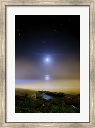 Framed Moonset over the sea with Pleiades (M45) cluster Print