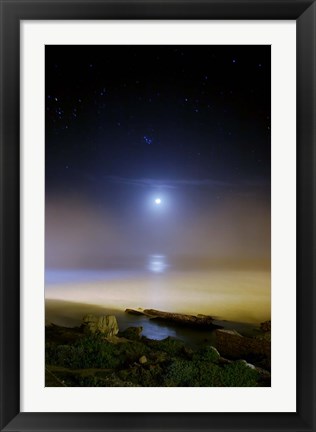 Framed Moonset over the sea with Pleiades (M45) cluster Print