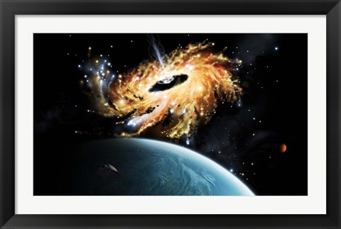 Framed space shuttle tries to avoid the gravity well of a supermassive black hole Print