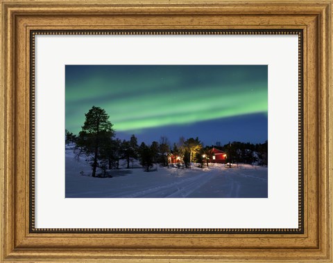 Framed Aurora Borealis over farm houses, Tennevik Lake, Troms, Norway Print