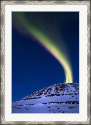 Framed aurora borealis shooting up from Toviktinden Mountain, Norway Print