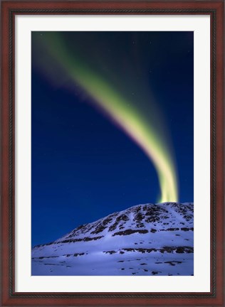Framed aurora borealis shooting up from Toviktinden Mountain, Norway Print