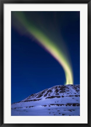 Framed aurora borealis shooting up from Toviktinden Mountain, Norway Print