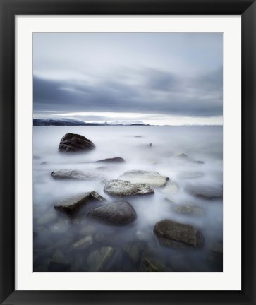 Framed Long exposure scene of rocks in Vaagsfjorden fjord, Norway Print