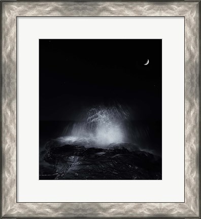 Framed crescent moon and waves splashing over rocks in Miramar, Argentina Print