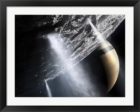 Framed Geysers of Enceladus showing cryovolcanism near the South Pole of Enceladus Print