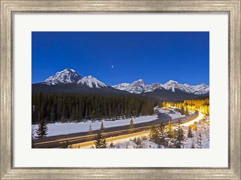 Framed moonlit nightscape over the Bow River and Morant&#39;s Curve in Banff National Park, Canada Print