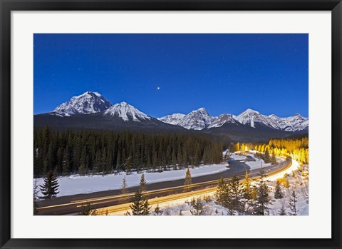 Framed moonlit nightscape over the Bow River and Morant&#39;s Curve in Banff National Park, Canada Print
