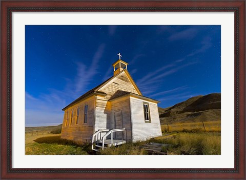 Framed old pioneer church in Dorothy, Alberta, Canada, on a starry night Print