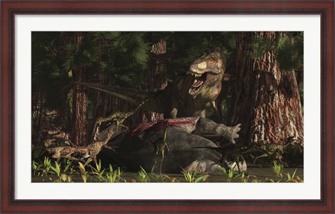 Framed T-Rex returns to his kill and finds some poaching raptors Print