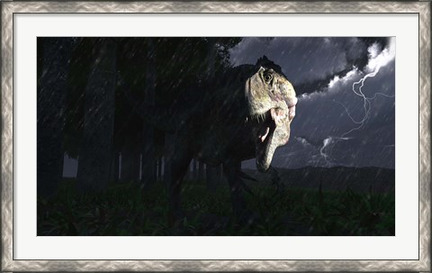 Framed Acrocanthosaurus dinosaur on a stormy night Print