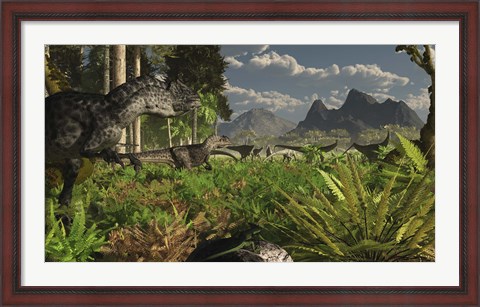 Framed Allosaurus and Diplodocus dinosaurs roam western North America Print