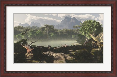 Framed Late Jurassic East Africa with a host of different animals and plants Print