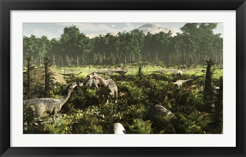 Framed Lurdusaurus and Nigersaurus dinosaurs grazing a prehistoric forest Print