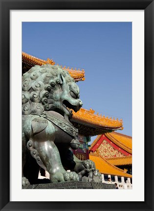 Framed Bronze mythological lion statue, Forbidden City, Beijing, China Print