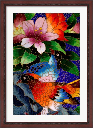 Framed Bird Cloisonne Plate, Hand Made with Tiny Copper Wires and Powered Enamel, China Print