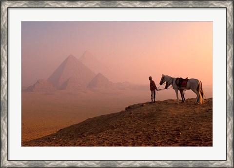 Framed Dawn View of Guide and Horses at the Giza Pyramids, Cairo, Egypt Print