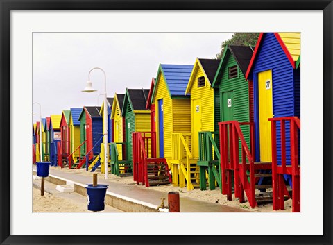 Framed Colorful Changing Houses, False Bay Beach, St James, South Africa Print