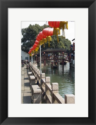 Framed Boat in canal with old wooden bridge, Zhujiajiao, Shanghai, China Print
