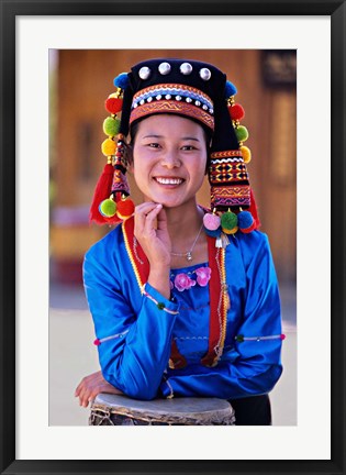 Framed China, Yunnan, Young De&#39;ang Woman portrait with Drum Print