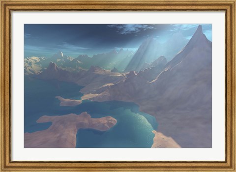 Framed Sunrays shine down on this image of the coastline Print