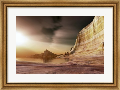 Framed sun shines down upon a lake near the mountains Print