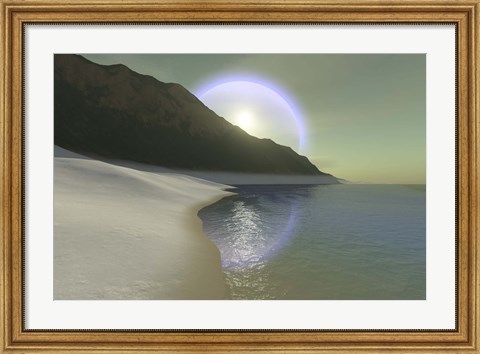 Framed halo surrouds the sun over this white sand beach Print