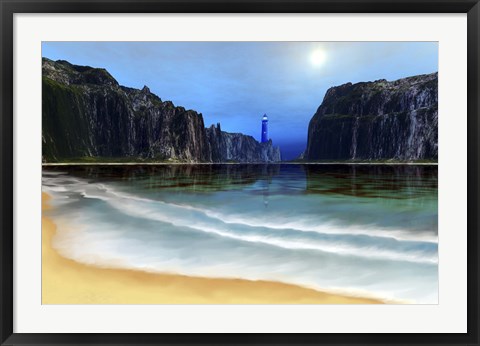 Framed lighthouse guards this beautiful cove Print