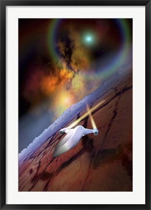 Framed spacecraft flys over another world Print