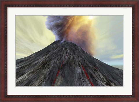 Framed active volcano belches smoke and ash into the sky Print