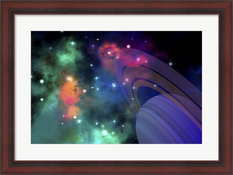 Framed Colorful nebula near a ringed planet Print