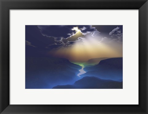 Framed Morning mist surrounds the mountains of this beautiful valley Print
