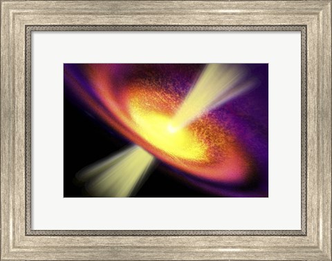 Framed Powerful streams of energy spew out of a black hole in the middle of a galaxy Print