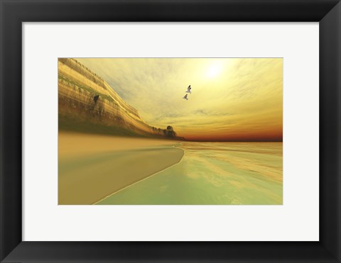 Framed Seagulls fly near the mountains of this seascape Print