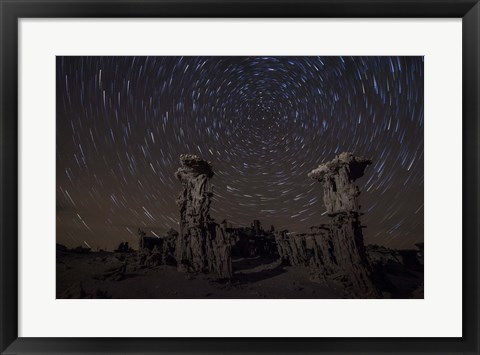 Framed Star trails above sand tufa formations at Mono Lake, California Print