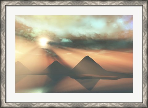 Framed Sunrays shine down on three pyramids along the Nile River on the Giza Plateau Print