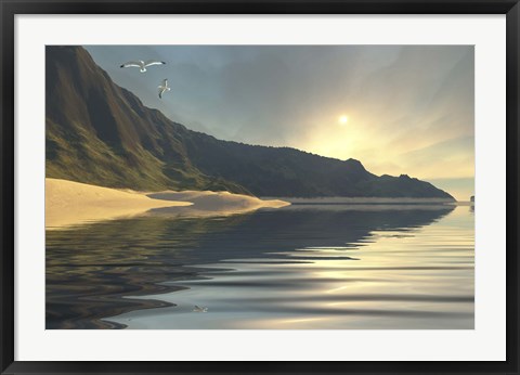 Framed sun sets on a beautiful mountainside and shoreline Print