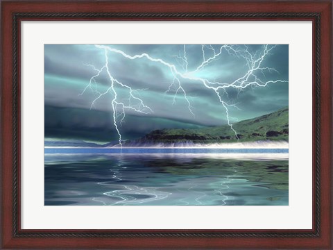 Framed Thunderclouds and lightning move over the mountains and a nearby lake Print