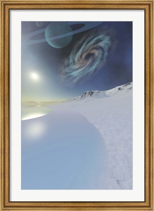 Framed Wintery seascape of an ice world Print