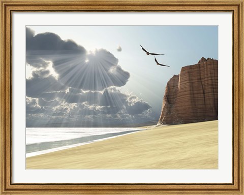 Framed Sunlight shines down on two birds flying near a cliff by the ocean Print