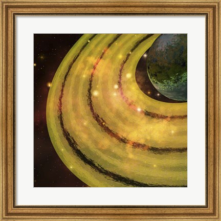 Framed golden ring system encircles this planet out in the galaxy Print