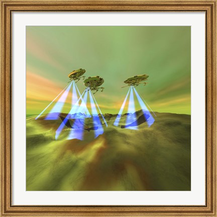 Framed Three alien spaceships steal the mineral resources on another planet Print