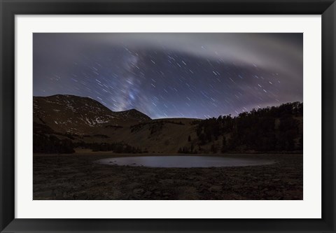 Framed Star trails and the blurred band of the Milky Way above a lake in the Eastern Sierra Nevada Print