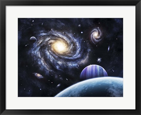 Framed view to a nearby galaxy from a gas giant and it&#39;s system of moons Print
