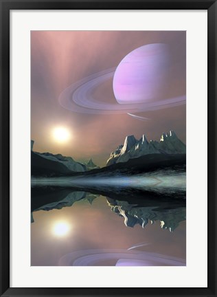 Framed planet Saturn lights up the sky of one of its moons called Titan Print