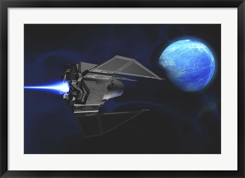 Framed small spacecraft from Earth reaches a water planet after many light years Print