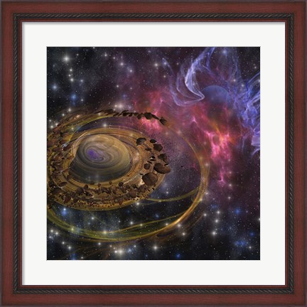 Framed Large rocks swirl around and form a planet in the cosmos Print