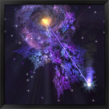 Framed shooting star radiates out from a black hole in the center of a galaxy Print