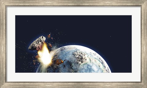 Framed Apocalyptic illustration of Earth exploding from the inside Print